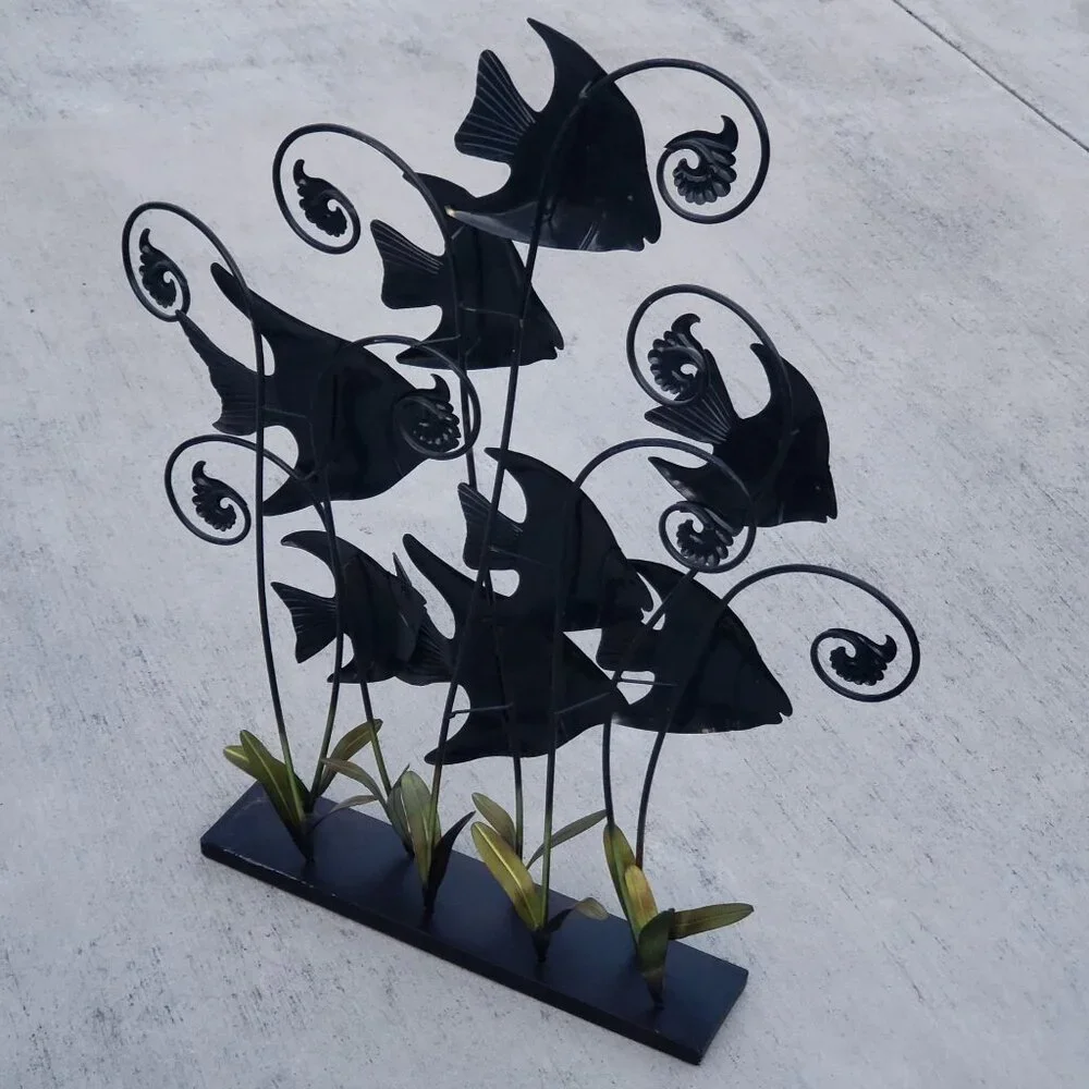 Metal Angel Fish Sculpture Standing Decor Banded Angelfish